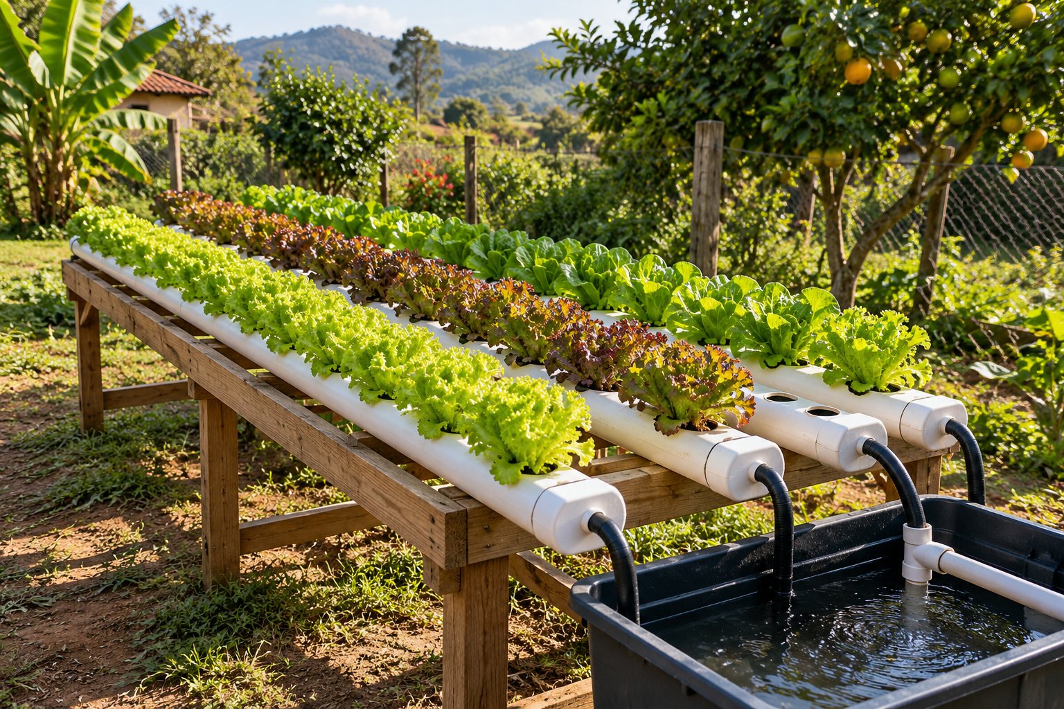 Hortaliças em bancada hidropônica de PVC em um jardim rural