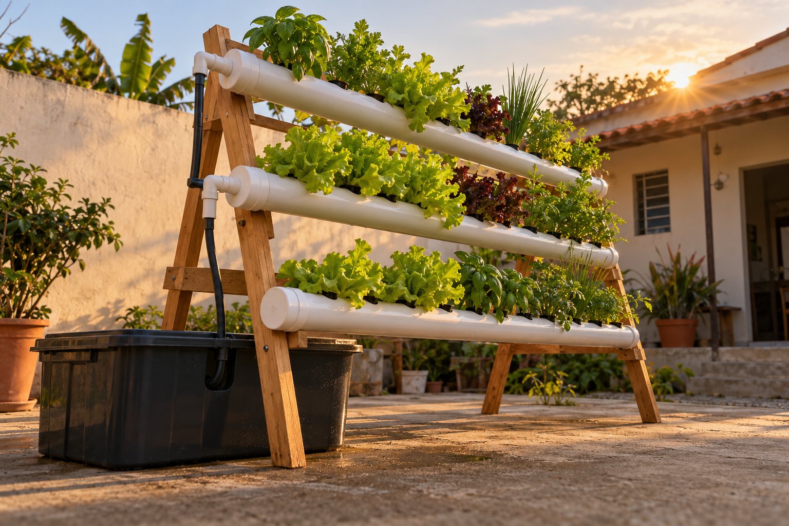 Hidroponia caseira com estrutura de madeira em quintal ao entardecer