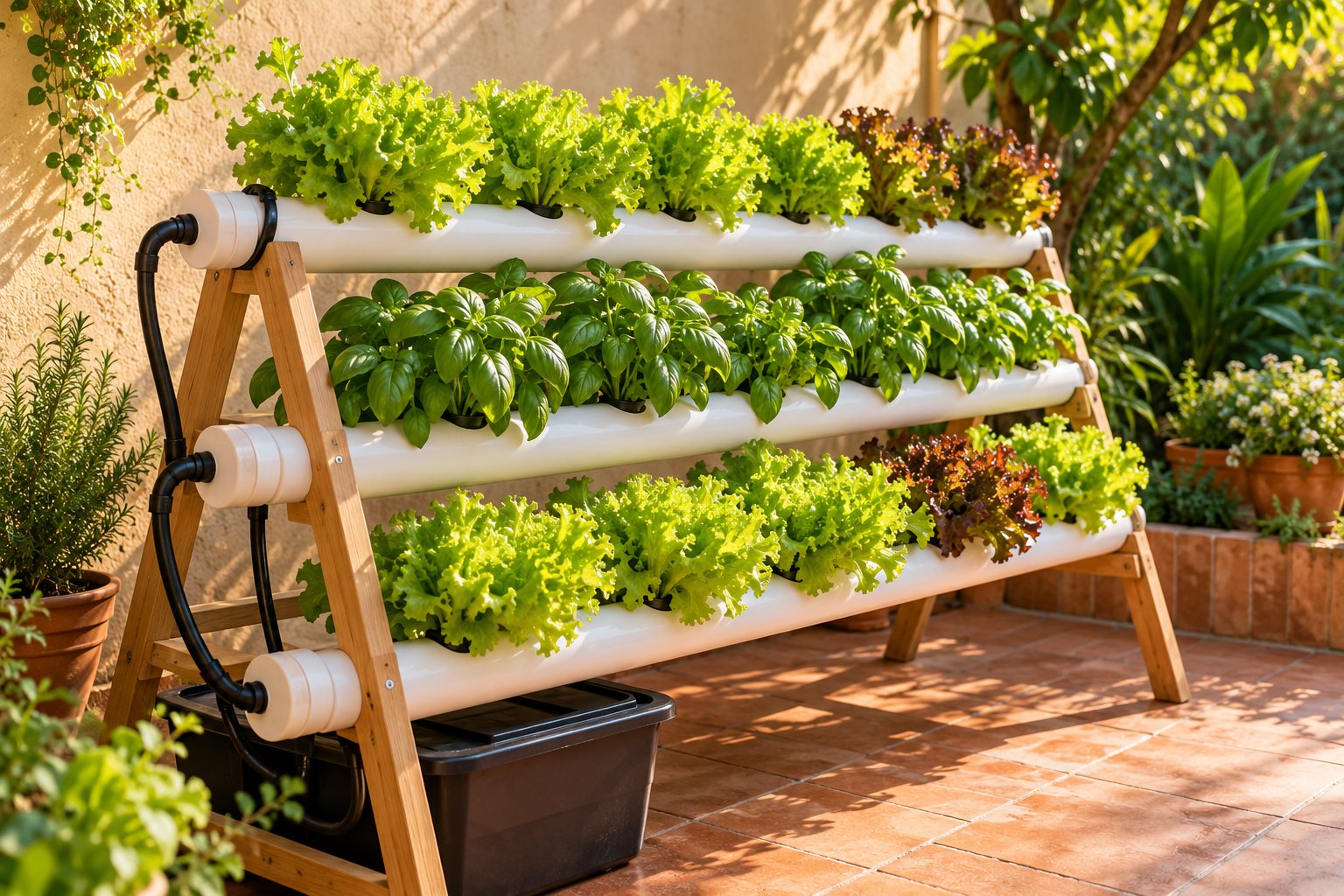 Hortaliças cultivadas em canais de PVC em um quintal residencial